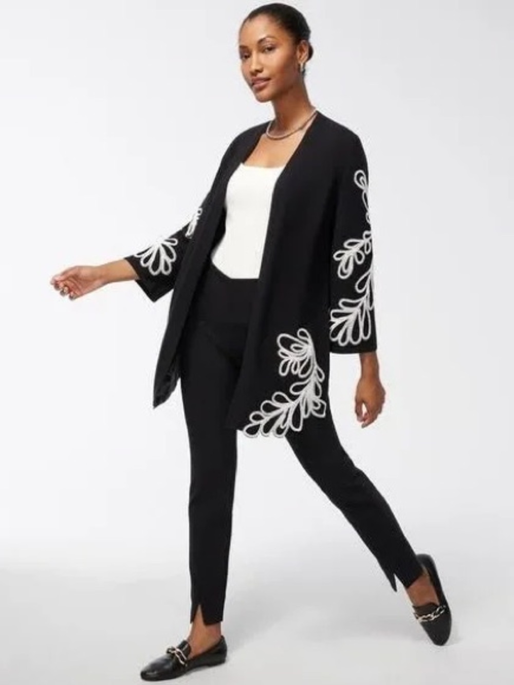 Chico’s Black Soutache Embroidered Open Cardigan Sweater ~ Bracelet length